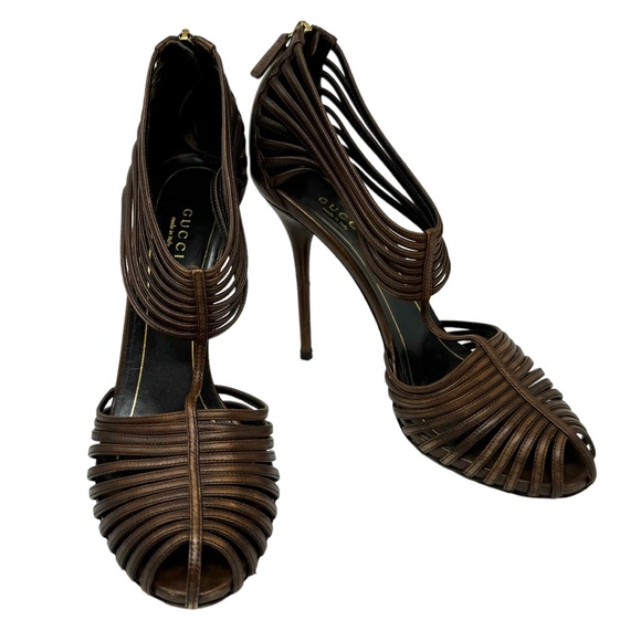 GUCCI brown leather strappy stiletto heels, made in Italy, size 39 - Picture 1 of 16